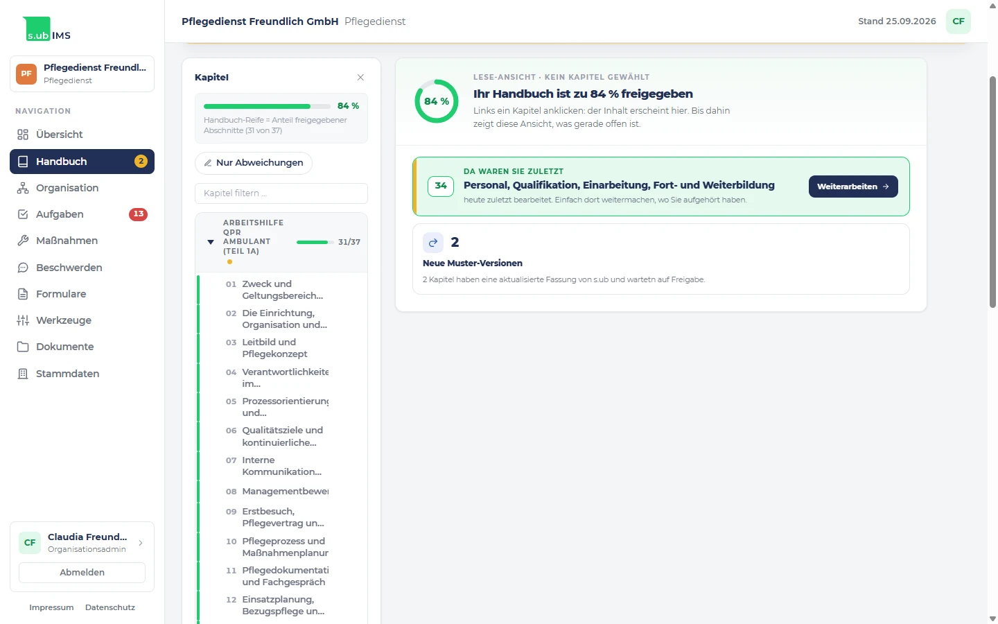 Handbuch in s.ub-ims: Ring mit 84 Prozent, Text „Ihr Handbuch ist zu 84 % freigegeben“ und der Hinweis, wo zuletzt gearbeitet wurde.