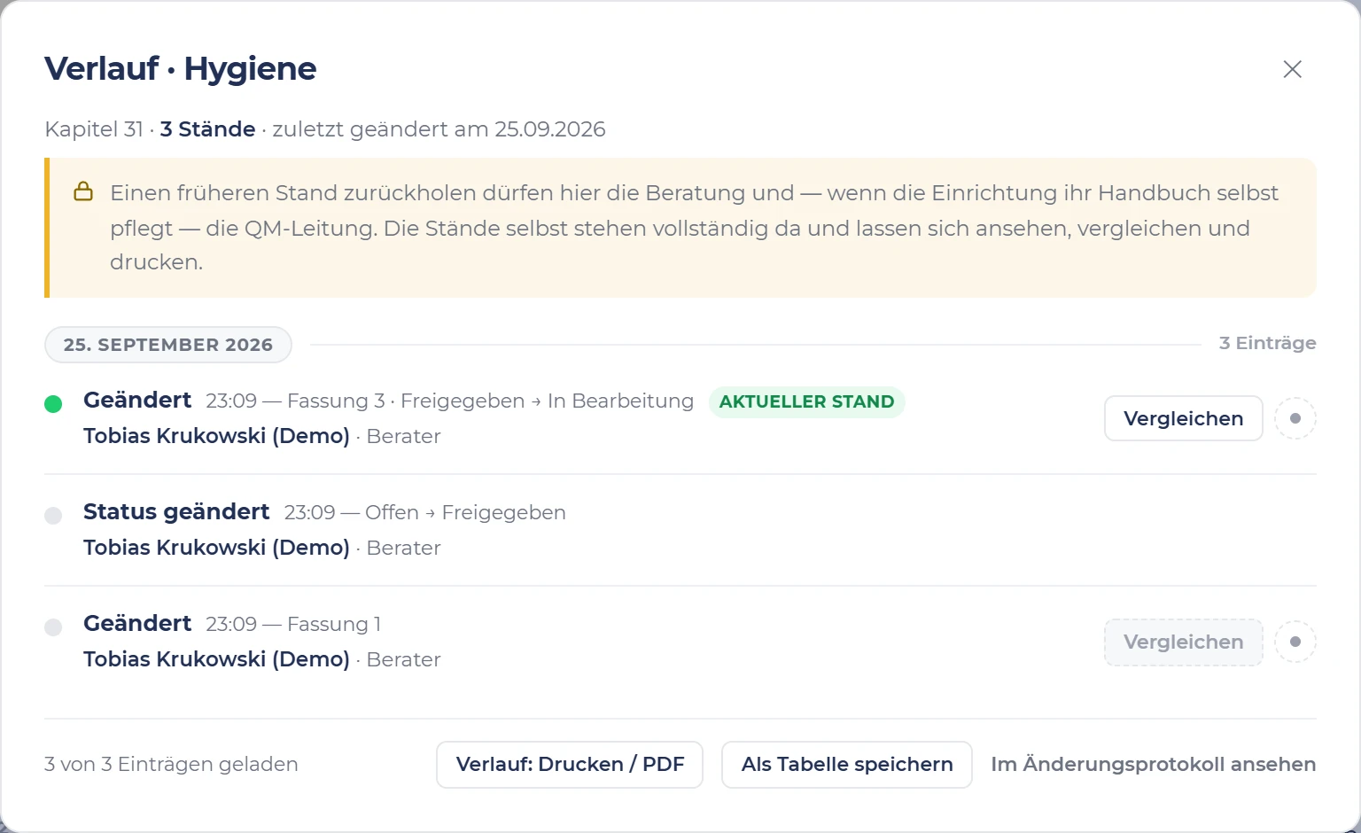 Verlauf des Kapitels Hygiene in s.ub-ims: drei Einträge mit Uhrzeit, jeweils von Tobias Krukowski (Demo), mit Knopf zum Vergleichen.