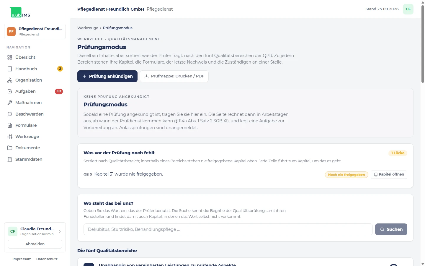 Prüfungsmodus in s.ub-ims mit den Knöpfen „Prüfung ankündigen“ und „Prüfmappe: Drucken / PDF“.