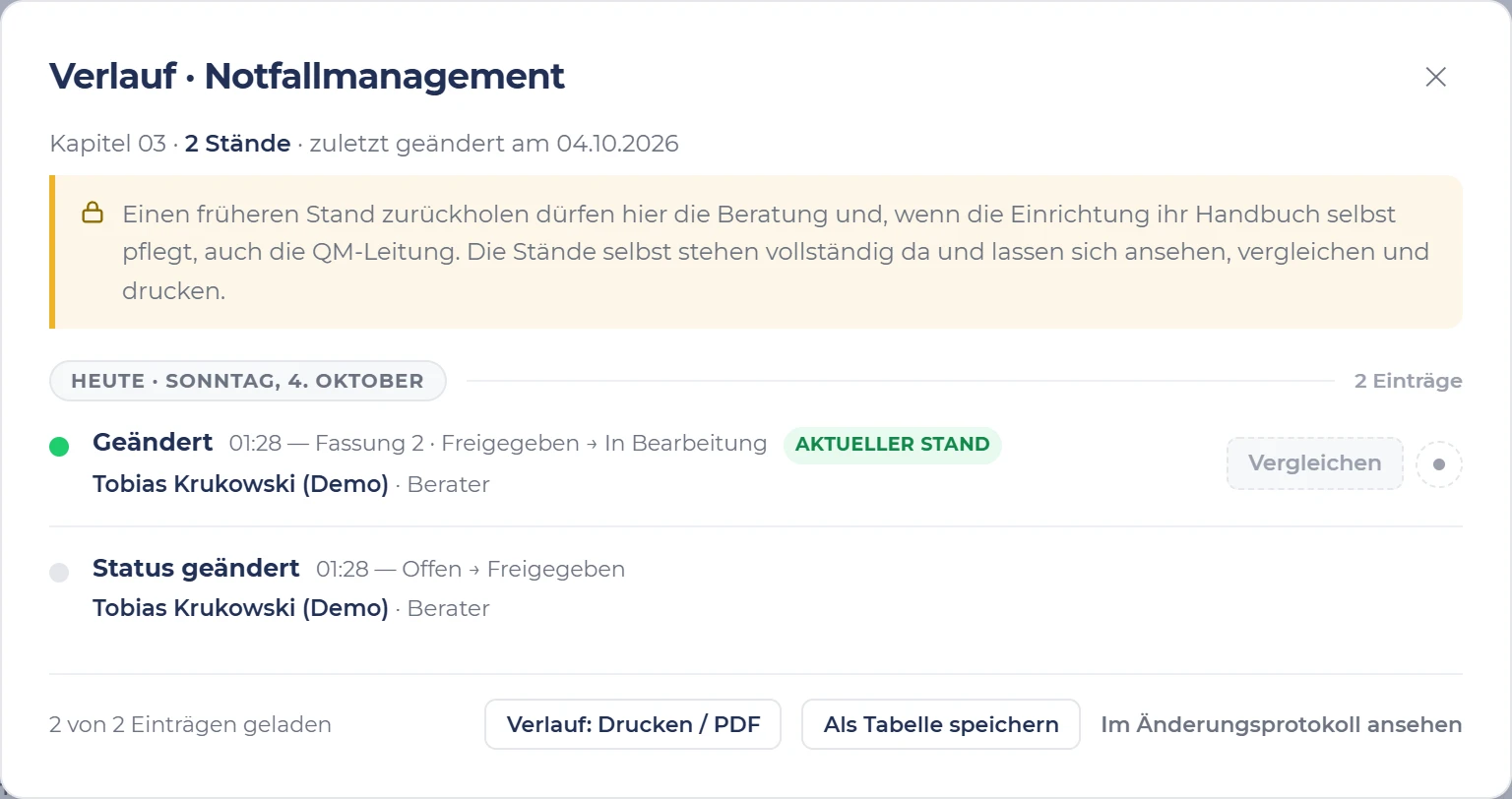 Verlauf des Kapitels Notfallmanagement in s.ub-ims: zwei Einträge mit Uhrzeit, jeweils von Tobias Krukowski (Demo).
