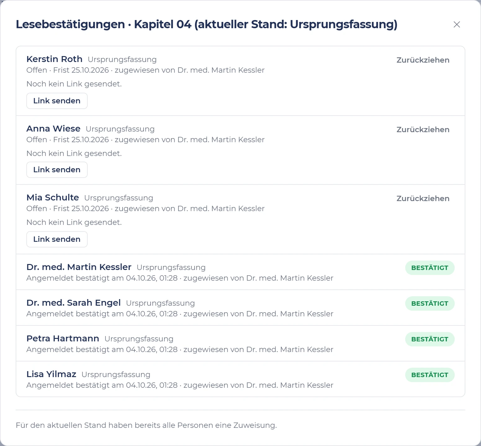 Lesebestätigungen zu Kapitel 04 in s.ub-ims: bei offenen Einträgen steht der Knopf „Link senden“.