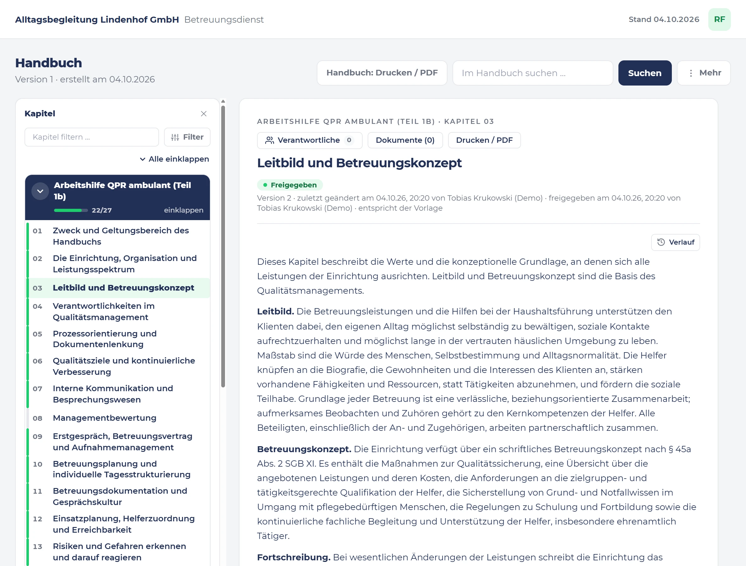 Kapitel „Leitbild und Betreuungskonzept“ in s.ub-ims, freigegeben; links die Kapitel der Arbeitshilfe QPR ambulant (Teil 1b), 22 von 27 freigegeben.