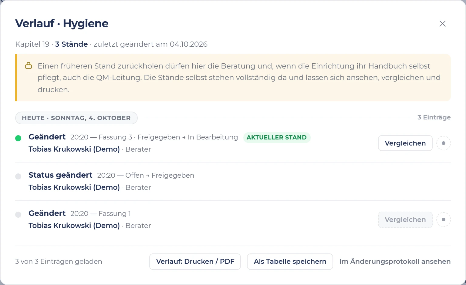Verlauf des Kapitels Hygiene in s.ub-ims: drei Einträge mit Uhrzeit, jeweils von Tobias Krukowski (Demo), mit Knopf zum Vergleichen.