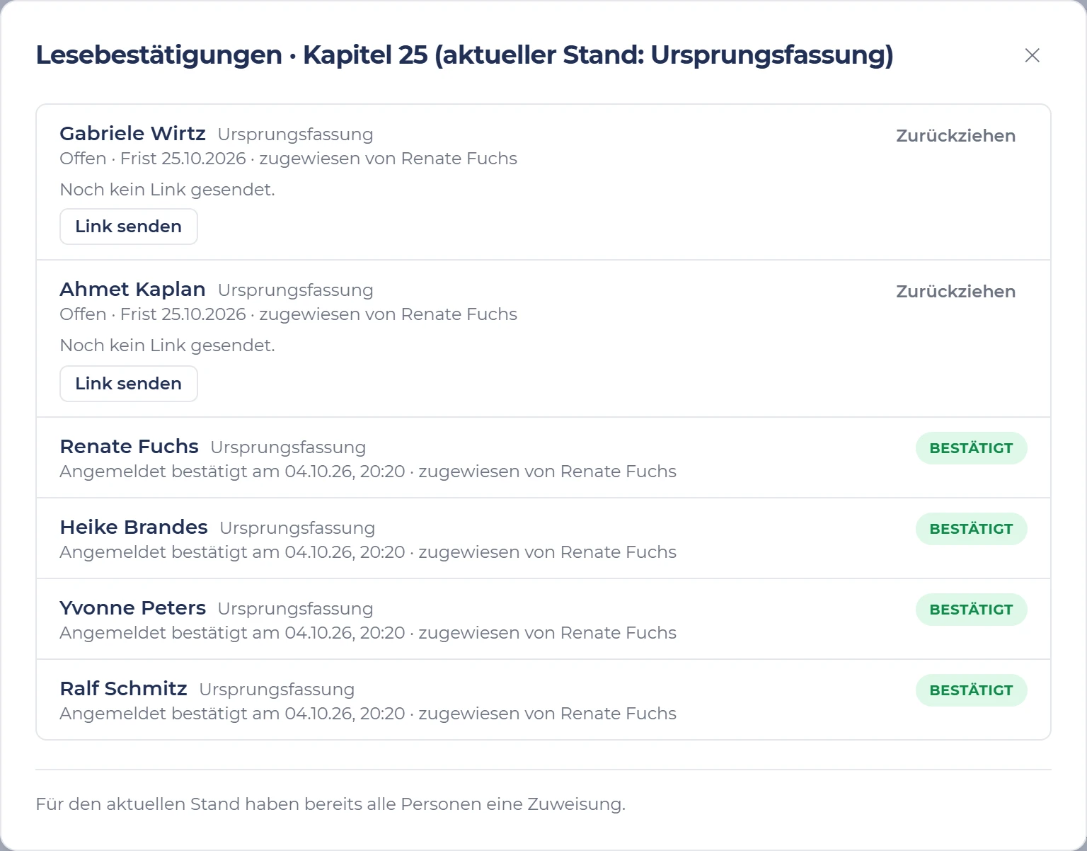 Lesebestätigungen zu Kapitel 25 in s.ub-ims: bei zwei offenen Einträgen steht der Knopf „Link senden“.
