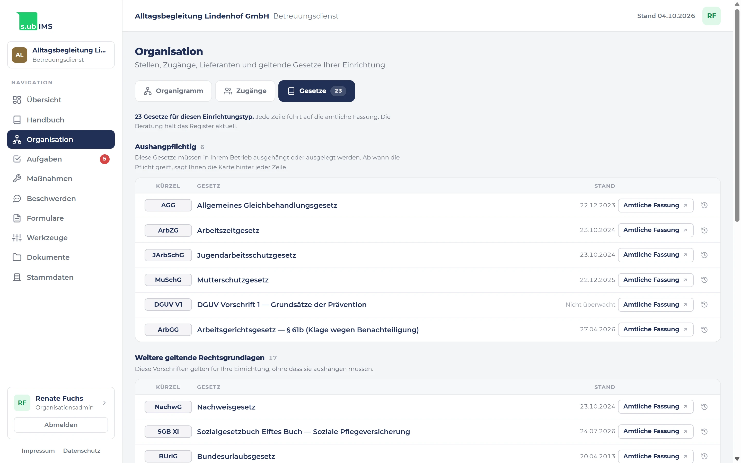 Gesetze in s.ub-ims: 23 Gesetze für diesen Einrichtungstyp, darunter sechs aushangpflichtige wie das Arbeitszeitgesetz, mit Stand und Link zur amtlichen Fassung.
