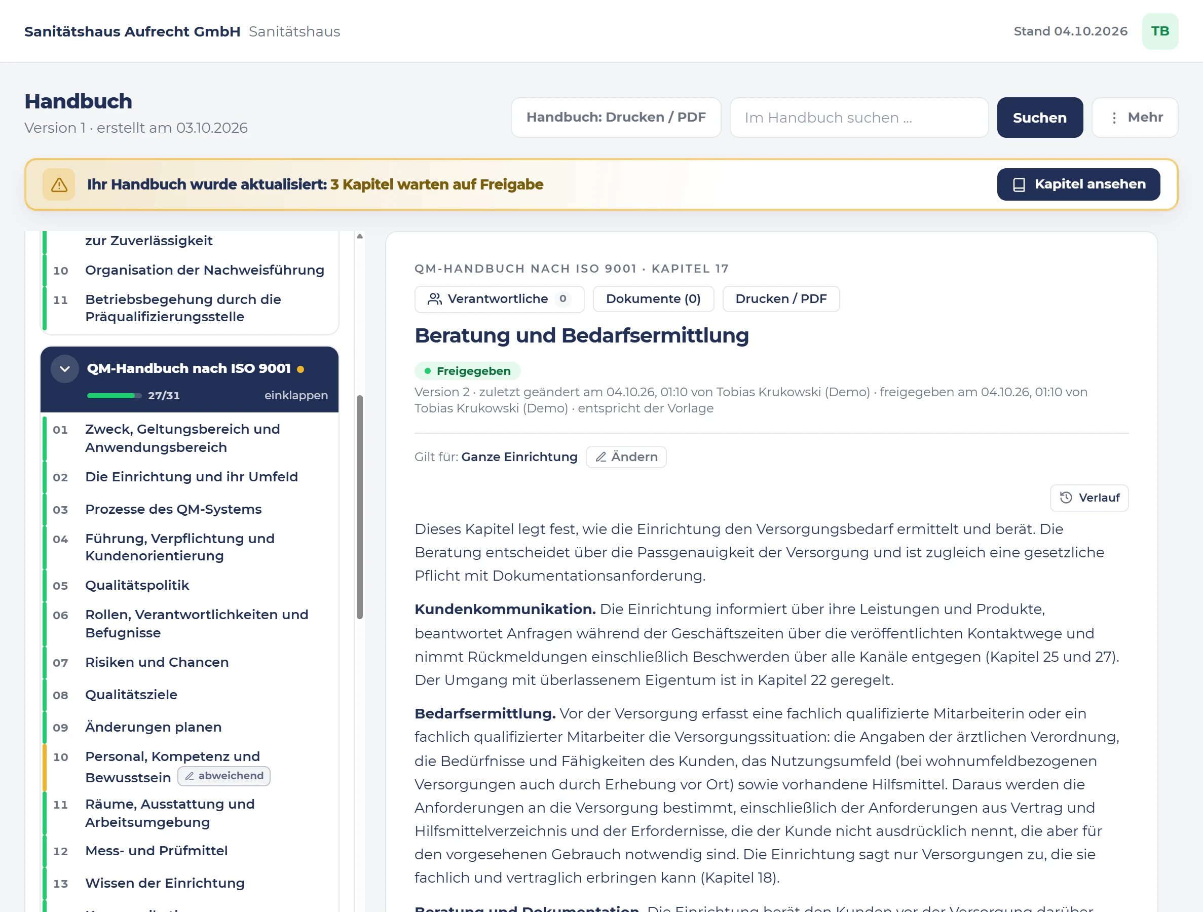 Ein Kapitel des QM-Handbuchs in s.ub-ims: „Beratung und Bedarfsermittlung“, freigegeben, mit Version und Geltungsbereich.