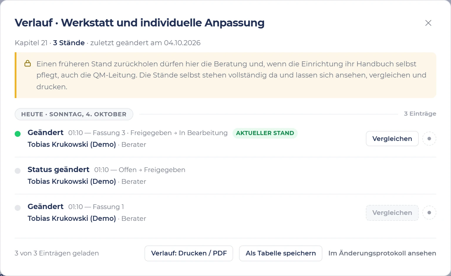Verlauf des Kapitels „Werkstatt und individuelle Anpassung“ in s.ub-ims: drei Einträge mit Uhrzeit, jeweils von Tobias Krukowski (Demo), mit Knopf zum Vergleichen.