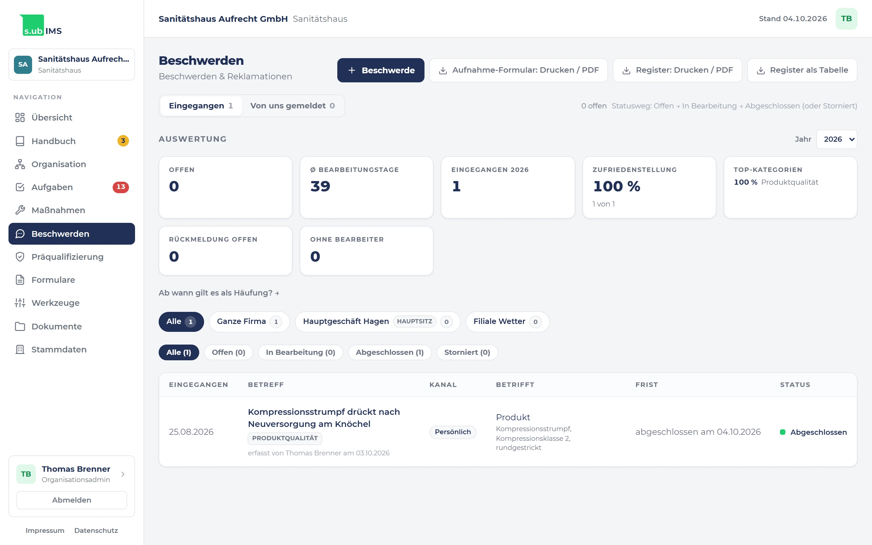 Beschwerderegister in s.ub-ims: eine Reklamation, weil ein Kompressionsstrumpf nach der Neuversorgung am Knöchel drückt, Kategorie Produktqualität, Bezug auf das Produkt.