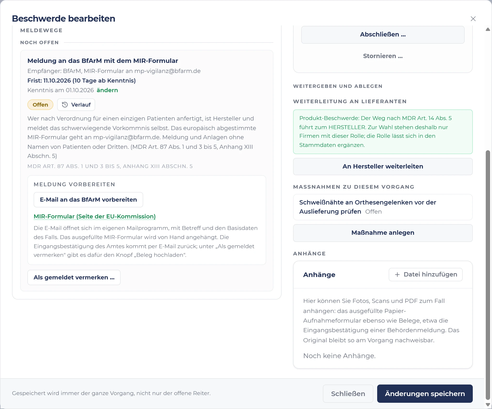 Meldewege eines Falls in s.ub-ims: offene Meldung an das BfArM mit dem MIR-Formular, Frist zehn Tage ab Kenntnis, darunter „Meldung vorbereiten“ mit dem Knopf „E-Mail an das BfArM vorbereiten“ und dem Link zum MIR-Formular.