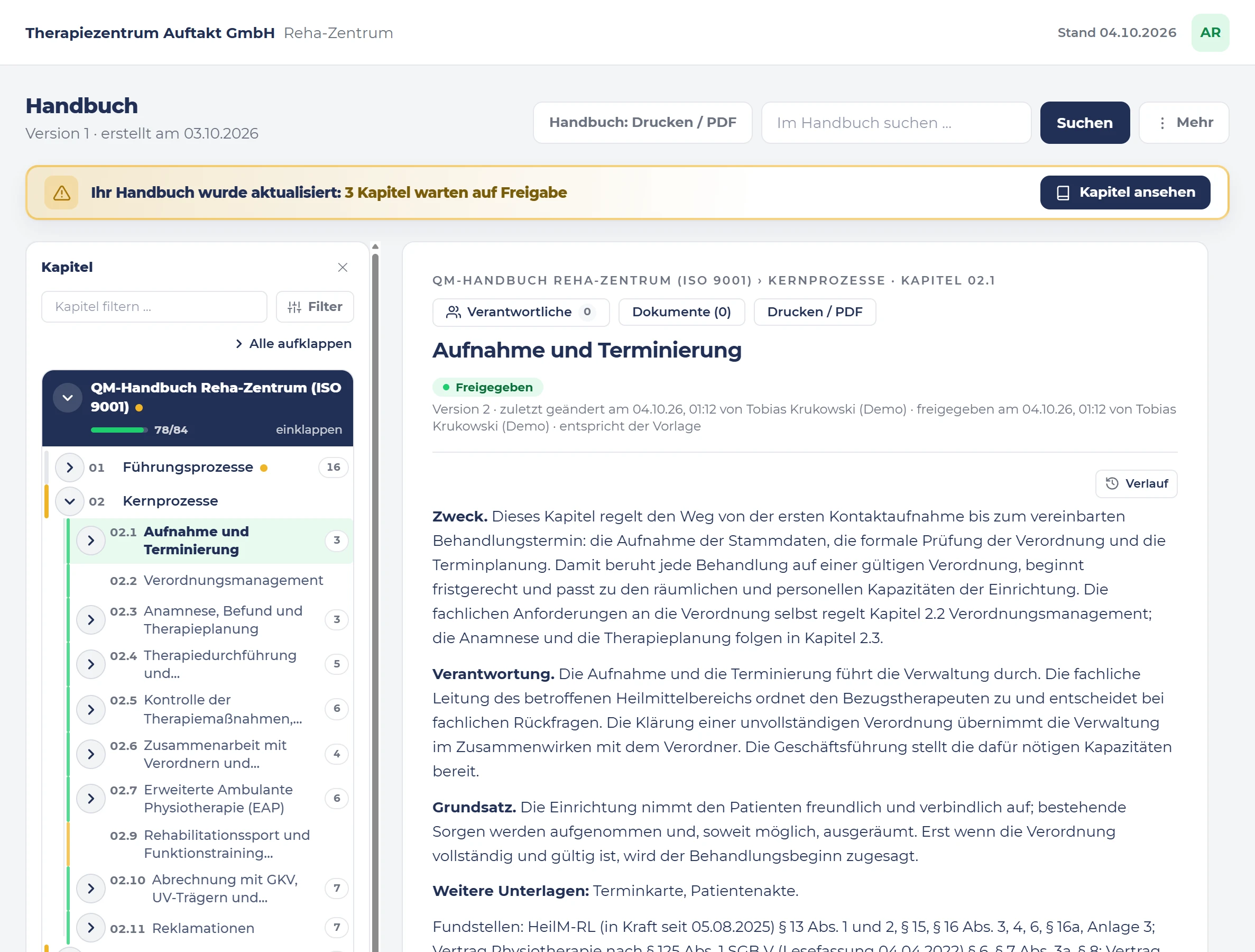 Kapitel „Aufnahme und Terminierung“ in s.ub-ims, freigegeben; links die Kernprozesse mit eigenen Kapiteln für EAP und Rehabilitationssport.