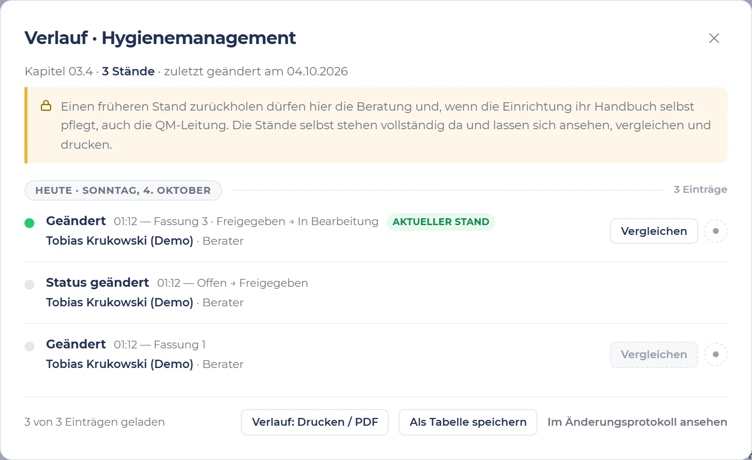 Verlauf des Kapitels Hygienemanagement in s.ub-ims: drei Einträge mit Uhrzeit, jeweils von Tobias Krukowski (Demo), mit Knopf zum Vergleichen.