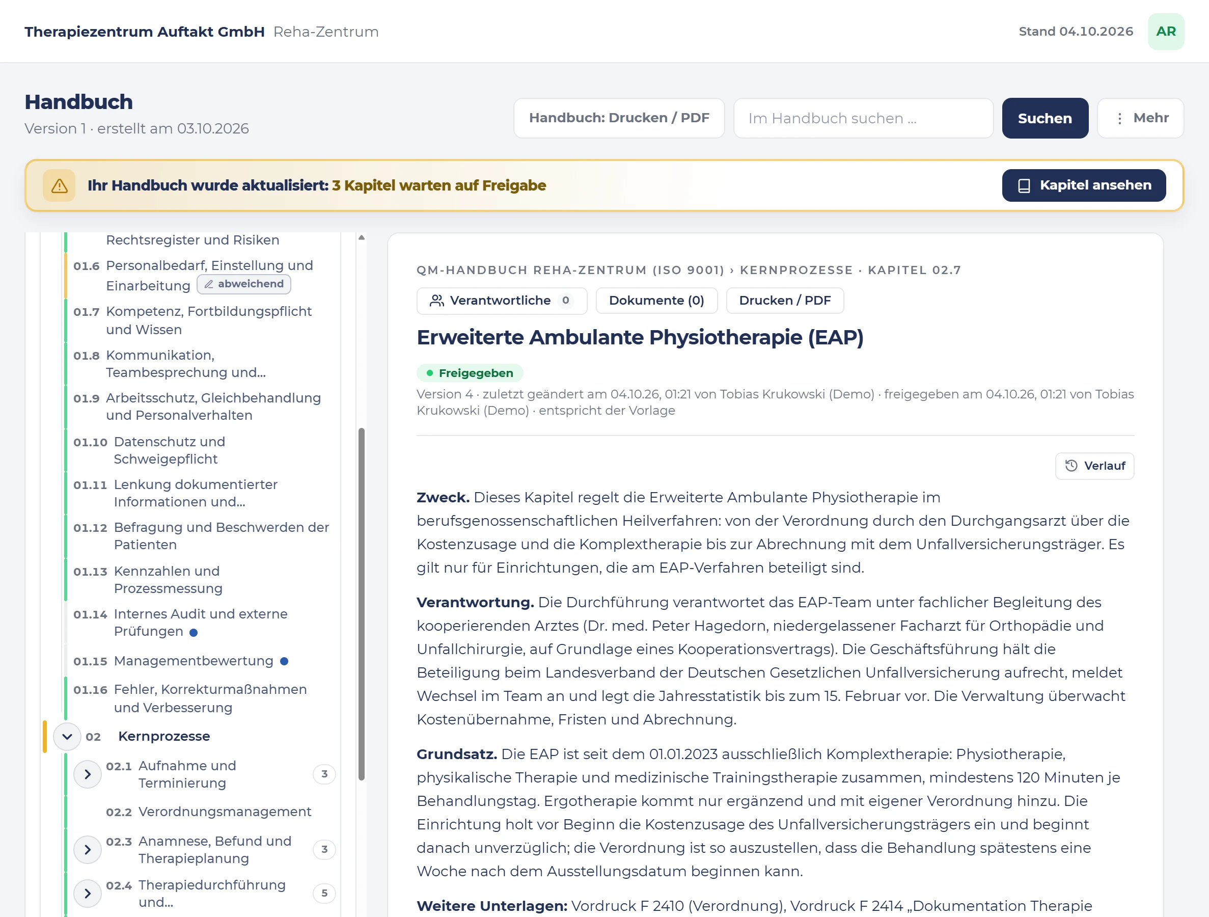 Kapitel „Erweiterte Ambulante Physiotherapie (EAP)“ in s.ub-ims, freigegeben, mit Zweck, Verantwortung und Grundsatz.