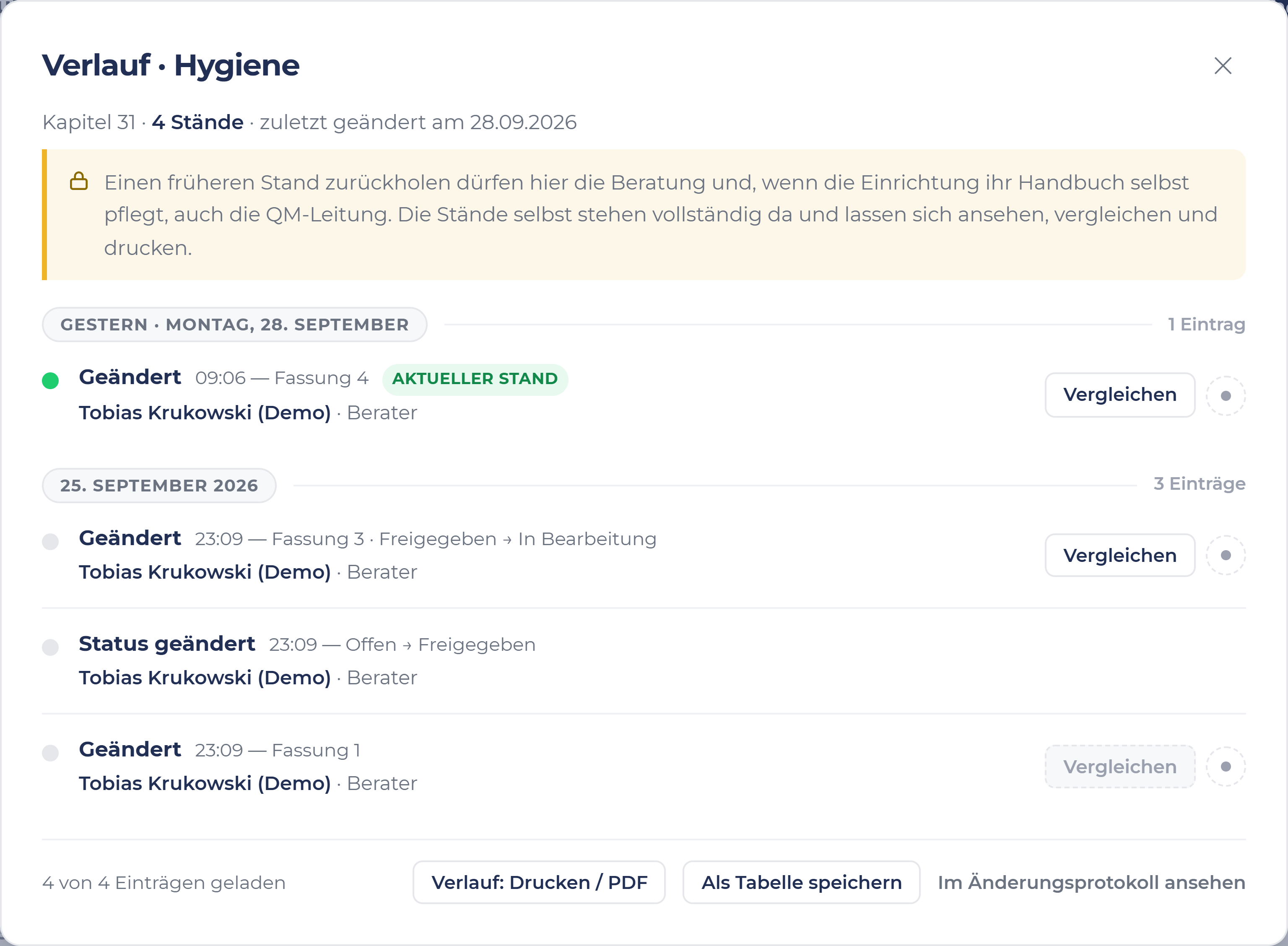 Verlauf des Kapitels Hygiene in s.ub-ims: vier Einträge mit Uhrzeit, jeweils von Tobias Krukowski (Demo), mit Knopf zum Vergleichen.